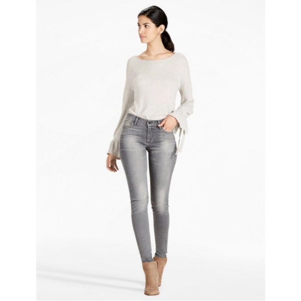 Lucky Brand Ribbed Long Tie Bell Sleeve Top Gray Solid Stretch Size M